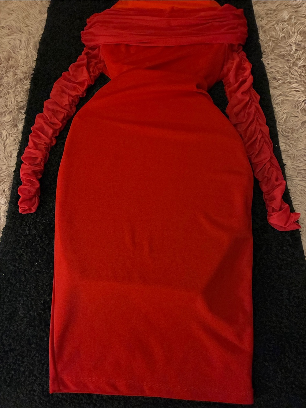 Fashion Nova Red off shoulder Ruched Long Sleeve Bodycon Dress